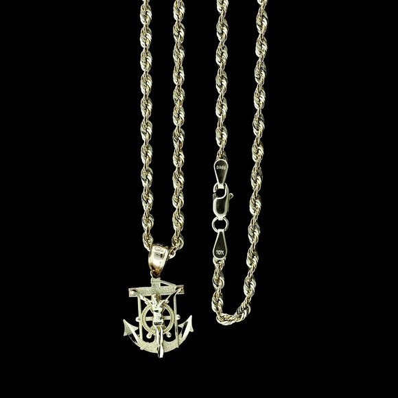 10K Real Gold Rope Chain and Anchor Cross Pendant Set - Picture 1 of 11